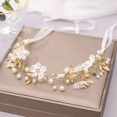 Golden Leaf Crystal Bokul Flower Headband